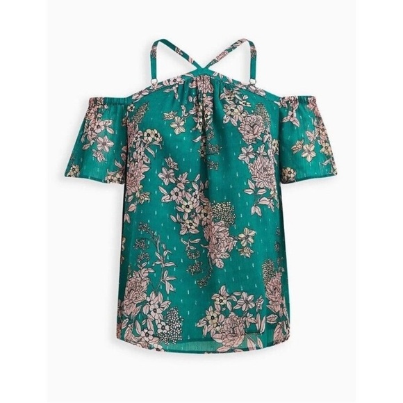 Torrid Plus Size 2 Cold Shoulder Crinkle Chiffon Sheer Lined Green Floral - Picture 4 of 13